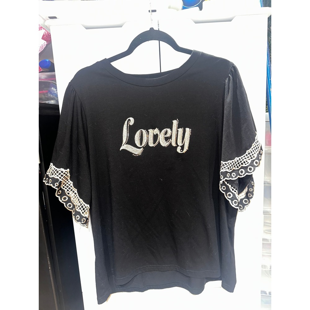 On Twelfth Black Lovely Rhinestone Graphic Top Eyelet Lace Flutter Sleeve 1X
